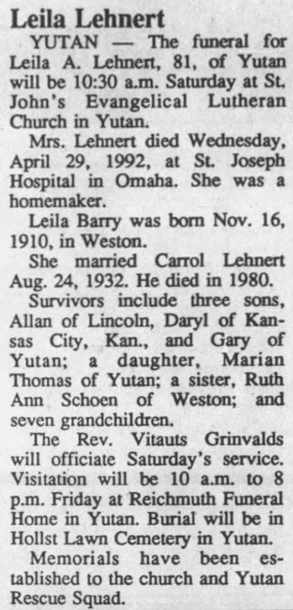 Obituary for Leila A. Lehnert, 1910-1992 (Aged 81)